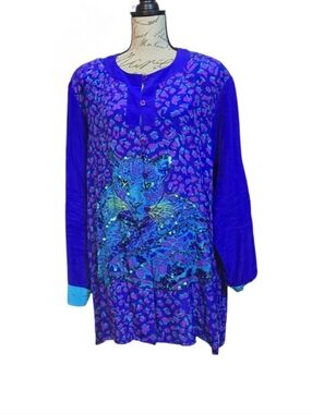 Diane Gillman 90s Vibrant Blue & Purple 💯 SILK Leopard Graphic Tunic Sz 3x